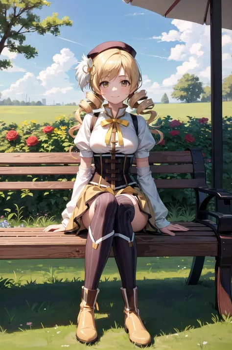 (masterpiece, best quality, detailed), 1girl, solo, outdoors, garden, rose, grass, sunlight, day, blue sky,
sitting, bench, smile, closed mouth, mami outfit <lora:MadokaCostumePackV1_2:1> <lora:more_details:0.3>