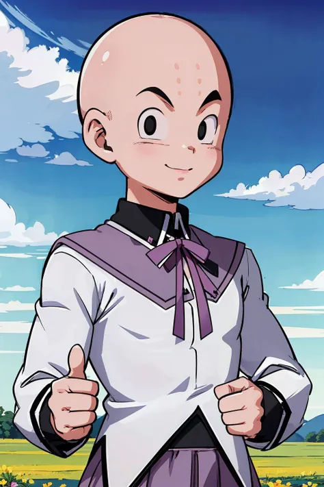 (8k, best quality, masterpiece:1.2), (finely detailed),krillin,((homura outfit)), 1boy,male focus,muscular male, solo,upper body, (bald), black eyes, looking at viewer,forehead mark, no nose,no sclera, rocky grassfields, light smile,thumb up, <lora:MadokaCostumePackV1_2:1> (white shirt:1.1),purple ribbon,black collar