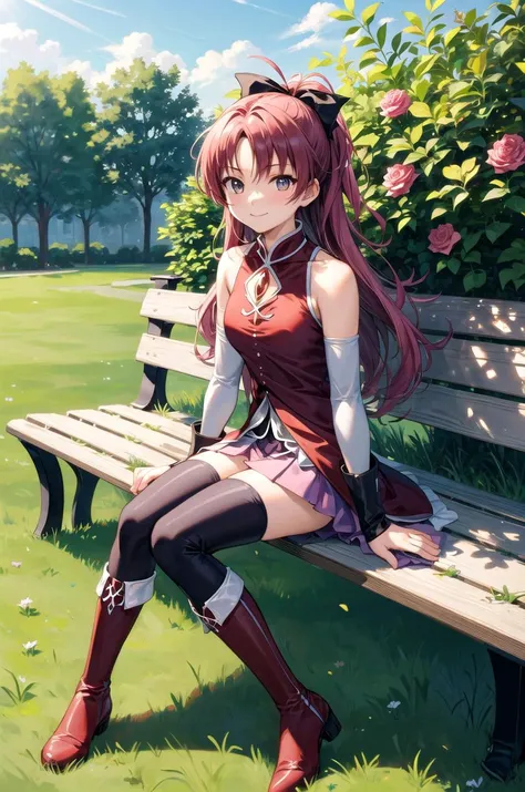 (masterpiece, best quality, detailed), 1girl, solo, outdoors, garden, rose, grass, sunlight, day, blue sky,
sitting, bench, smile, closed mouth, kyouko outfit <lora:MadokaCostumePackV1_2:1> <lora:more_details:0.3>