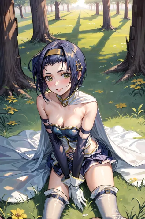 (masterpiece, best quality, detailed), 1girl, solo, outdoors, forest, nature, grass, tree, sunlight, light rays, flower,
sitting, smile, parted lips, from above, looking at viewer, blush, yellow hairband,
faye valentine, (sayaka outfit:1.2) <lora:MadokaCostumePackV1_2:1> <lora:more_details:0.3> <lora:FayeValentineV3-000006:1>