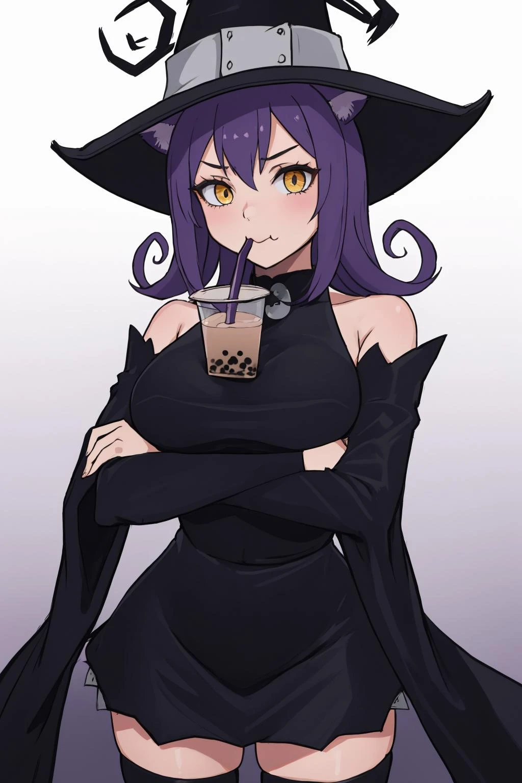 masterpiece, best quality, <lora:BlairSoulEaterV2-000100:1>, BlairSE, 1girl, solo, witch_hat, short_dress, large_breasts, long_hair, looking_at_viewer, black_dress, :3, cat_ears, black_thighhighs, wide_sleeves, detached_sleeves, bare_shoulders, short_dress, bubble tea challenge, drinking straw, crossed arms, <lora:concept_bubbleteachallenge:1>