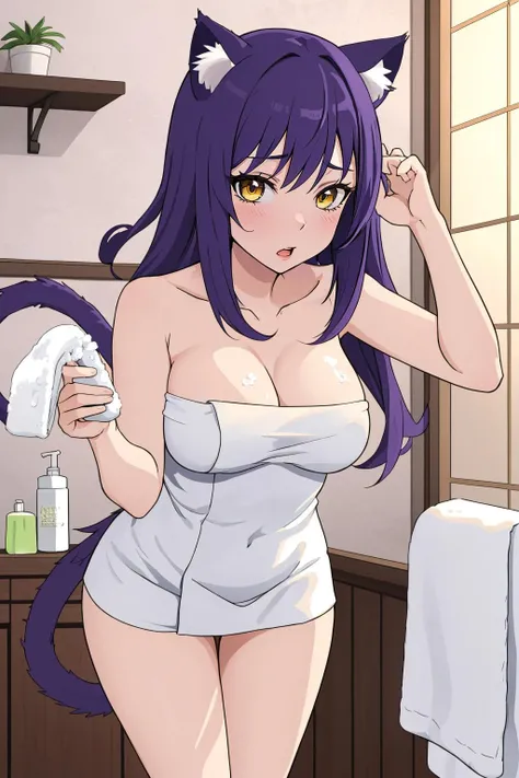 masterpiece, best quality, <lora:BlairSoulEaterV2-000100:0.9>, BlairSE, 1girl, solo, cat_ears, tail, white_towel, naked_towel, leaning_forward, pointless_censoring, soap_bubbles, soap_censor