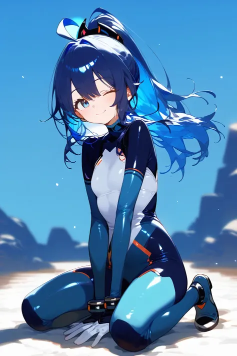 1girl,
solo, smile, blush, depth of field, from_anime, score_9, score_8_up, score_7_up, full body, long hair, ;\), one eye closed, blurry, white bodysuit, v over eye, white background, english text, light blush, closed mouth, heart, ahoge, shiny clothes, shadow, blue hair, high ponytail, bodysuit, looking at viewer, kneeling, blue eyes, happy, simple background, arm support, ponytail
<lora:naipf>