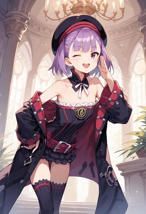 score_9,score_8_up,score_7_up,source anime, rating_safe,
uncensored,
1girl, <lora:Helena_XL:1>, 1girl, purple hair, short hair, purple eyes, flat chest, beret,
black dress, strapless, belt, black coat, open coat, bare shoulders, off shoulder, frills, (black thighhighs:1.2), black boots, (thighhighs:1.1),
solo,
looking at viewer,
indoors, hall, mansion, chandelier, foliage,
standing, contrapposto, (bent over:1.1),
hand on own hip,
hand in own hair, salute,
happy, eye focus, smile, open mouth,
one eye closed,
masterpeice, best quality, very aesthetic, absurdres,