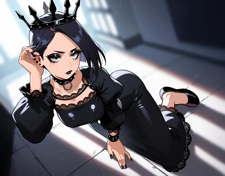 (score_9,score_8_up,score_7_up:1), 1girl, full body, high close angle, low lighting, bored, (goth, black lipstick, silver jewelry, silver piercings, black mascara, black eyeshadow), heavy breasts, (milf), glowing hair,choker, eyeshadow, (white oiled skin), (bound and dejected), Asian Server room, (long sleeves, puffy sleeves, black dress, lace dress, large crown,), <lora:Greatm8_Style:1> greatm8