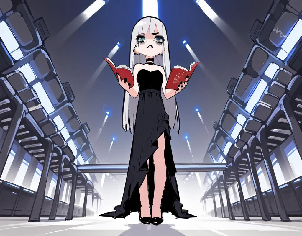 (score_9,score_8_up,score_7_up:1), 1girl, full body, low angle, day lighting, crying, (goth, black lipstick, silver jewelry, silver piercings, black mascara, black eyeshadow), swollen breasts, (toned), glowing hair,choker, eyeshadow, (white soft skin), (reading), haze night club, (black fancy dress, white trim, goth), <lora:Eiken3kyuboy_Artist_Style_ponyXL:1>