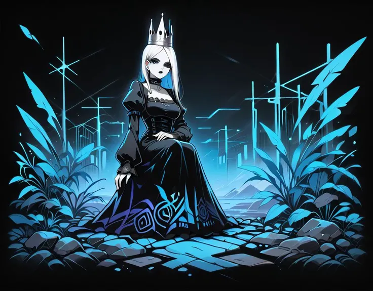 (score_9,score_8_up,score_7_up:1), 1girl, full body, low voyeur angle, noon lighting, pouting, (goth, black lipstick, silver jewelry, silver piercings, black mascara, black eyeshadow), <lora:SaggingChest1024_Pony:1> large breasts,, (soft body), white hair black highlights,choker, eyeshadow, (pale scarred skin), (sitting on object), dull dusty desert, (long sleeves, puffy sleeves, black dress, lace dress, large crown,), <lora:Blacklight_Graffiti_Style_Pony:1> blgStyle, monochrome, black theme, white outline, black background