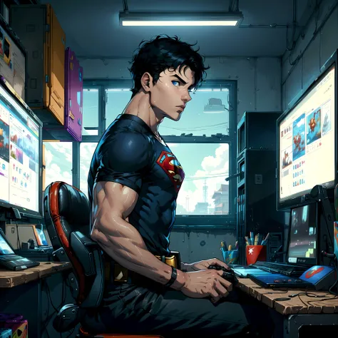 jim lee, inked, masterpiece, best quality, sharp focus, 8k, artstation, superman, abs, black hair, blue eyes, large pectorals, male focus, muscular, short hair, solo, superhero, flat style, (teenage:1.6), black shirt, slacks, sitting, chair, on chair, computer, monitor, (playing games:1.4), looking at object, keyboard \(computer\), hands, (from side:1.3), belt, belt buckle, black belt, a teen boy playing on his computer