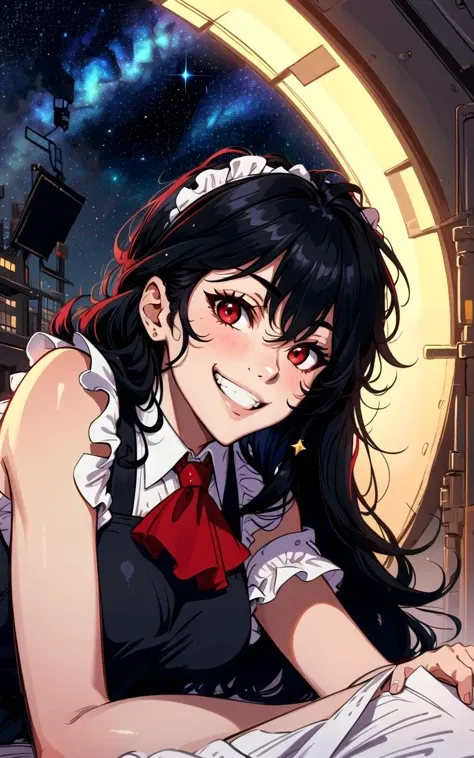 1girl, solo, lying, on side, black hair, (red eyes)--, grin, apron, ascot, (starry sky)--