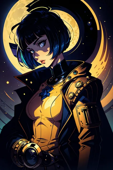1 woman,bobcut, long jacket,    moon light, steampunk
 artdeco, stylish shadow ,  warner animation style,
dramatic lighting, vector art, gradient color, 
  <lora:add_detail:1>