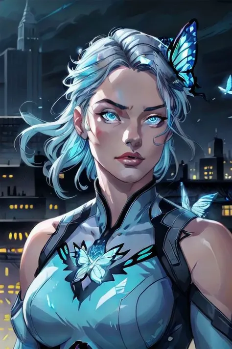 blue fire, grey-blue eyes, stunning gradient colors, city background, original illustration composition, rejuvenating, butterfly hair ornament, one character, luminous lighting, dark shot