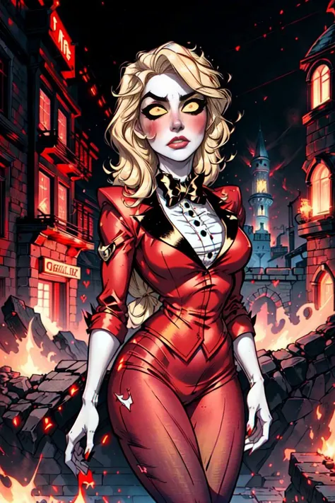 (charlie morningstar:1.2), (blonde hair, white skin, red blush, yellow sclera, red iris:1.5), long hair, (business suit, red suit, red pants, black bowtie, white undershirt:1.5), tall, slim, (dark hell themed background, hell, hell background, castle in hell, castle:1.2), red lighting, (realistic:1.2), (masterpiece:1.2), (full-body-shot:1.2),(Cowboy-shot:1.2), neon lighting, dark romantic lighting, (highly detailed:1.2),(detailed face:1.2), (gradients), colorful, detailed eyes, (detailed landscape:1.2), (natural lighting:1.2),(detailed background), detailed landscape, (glamour pose:1.2), solo, <lora:hazbin_morningstar-10:0.8> <lora:add_detail:0.15> <lora:hipoly3DModelLora_v10:0.05> <lora:RSERomantic_RSESofiko_RSEEmma-v1:0.1> <lora:BeautifulEyes:0.65> <lyco:coloredSkin-08:0.3>
