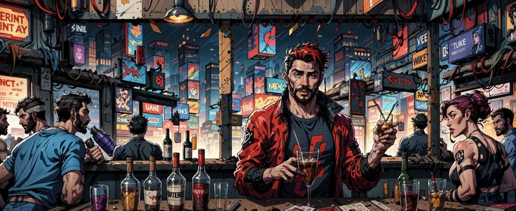 masterpiece, best quality, a rugged man having a drink in a crowded (cyberpunk:1.1) bar, smoking cigarettes BREAK crowd in background, crowded, (liquor bottles:0.9), clutter, (wine glasses:0.9), weapons, mugs, broken glass, glass shards, BREAK futuristic, tech, highly detailed, colorful, vivid, extremely intricate, 8K, UHD, high quality