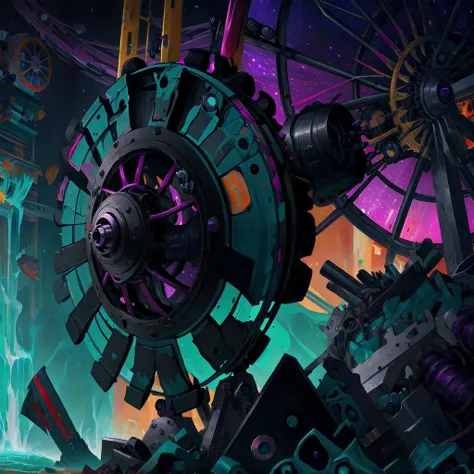 galaxy, cosmos, (acrylicpourpainting), (black), (cyan), (magenta), (ferris wheel), Clutter-Mechanical. (masterpiece:1.2) (photorealistic:1.2) (bokeh) (best quality) (intricate details) (8k) (sharp focus) <lora:AcrylicPourPainting:1.25>