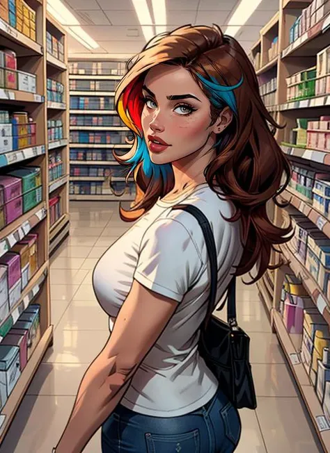masterpiece,  best quality, high detailed, colorful, from view solo, realistic,  [1uciajavorcekova|1vanakn0ll|d4n13ll3sh4rp] standing in a store with lots of medicines on the shelves and a bag of stuff, hazel eyes, wide  lens