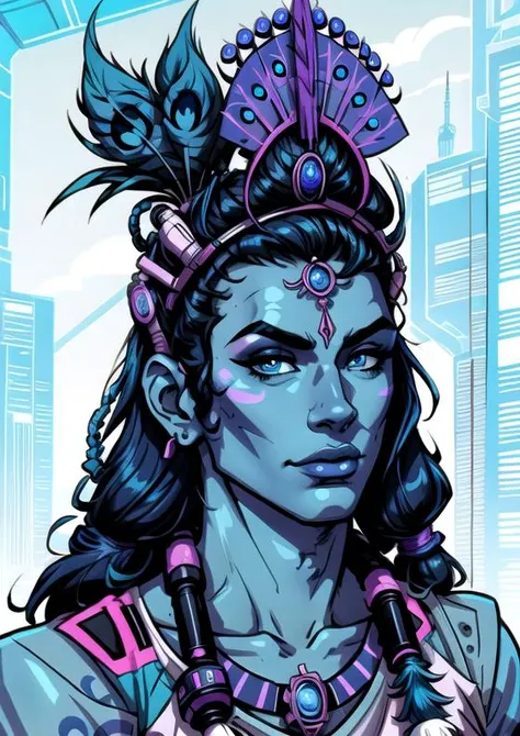 vaporwave style, male, blue skin, peacock feathers, cyberpunk aesthetic, ancient Indian background