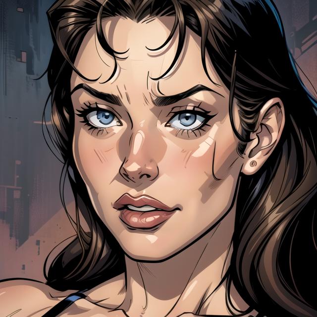 A close up of a woman with blue eyes and a black top - SeaArt AI
