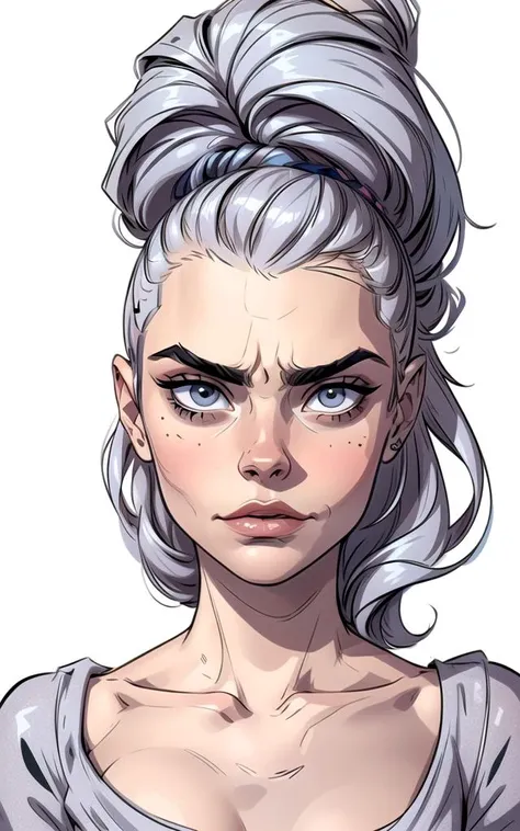 close up, face portrait of Cara Delevingne, casual dress, simply white background