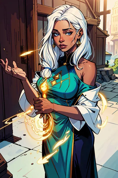 Wizard, Robes, Songstress, Tall, Skinny, Oval Face, Dark Skin, White Hair, Blue Eyes, Wearing Clothes, SFW,   with Green Flecks, [[Curved Nose]], Full Lips, Round Chin, Shoulder-Length Hair, Coarse Hair, High Chignon, saggy breasts, Threader earrings, rust gloss lipstick, A sprawling dwarven city, carved deep into the heart of a mountain