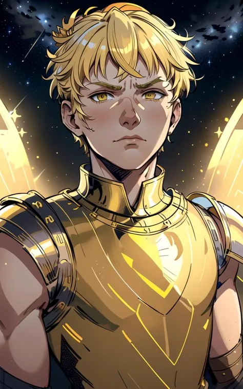 portrait, 1boy, toga, armor, (yellow laurels crown), armored gloves, stern, short blonde hair, looking at viewer, scowl, celestial night sky, sunlight, best quality, hadesstyle