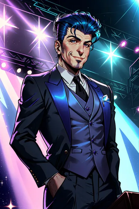 ceasar flickerman, (stanley tucci:1.3), smiling, (blue) hair pompadour, chin up, purple formal suit, sparkly suit, black eyeliner, on stage in The Capitol