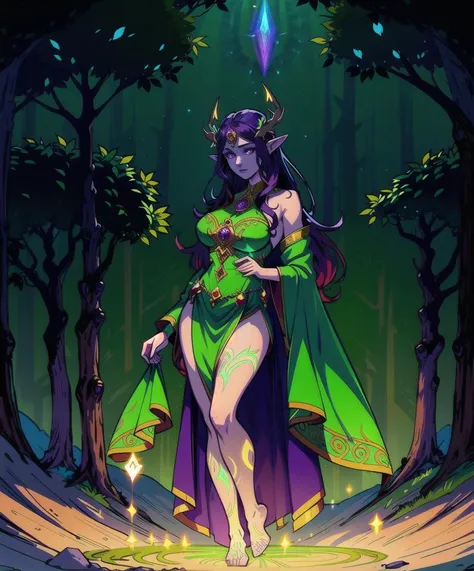 full body Illustration of a the goddess of nature and life, purple skin, long green hair, elven ears, powerful glowing eyes, she wears a stag horned crown, the horns are really large, and majestic robes made of beautiful leafs, mysterious face, garden of Eden background, meditation pose, masterpiece, intricate, centered