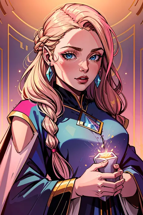 Wizard, Robes, Countess, Average Height, Thin, Triangular Face, Fair Skin, Honey Blonde Hair, aquamarine Eyes, Wearing Clothes, SFW, Straight Nose, Full Lips, Receding Chin, Long Hair, Coarse Hair, Fishtail Braid, augmented breasts, Clip-on earrings, pink sheer lipstick, A sprawling dwarven city, carved deep into the heart of a mountain
