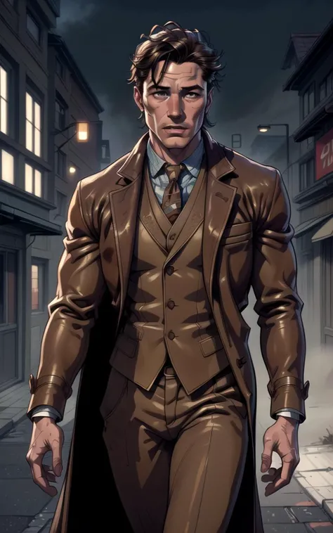 raw photo, man, (8k, RAW photo, professional, masterpiece:1.2), (realistic, photo-realistic:1.37), ultra-detailed, (high detailed skin:1.2), detailed face and body, cinematic lighting, (Arthur Tweed suit, overcoat:1.2), (Short hair), 32yo, 1man , Walking