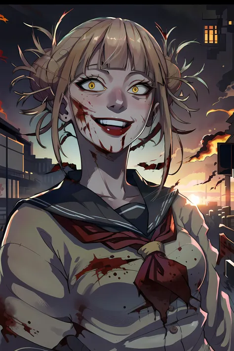 1girl, toga himiko,(medium shot:1.4), school_uniform, skirt, legs, yellow eyes, black thighhighs, white hair, crazy eyes, holding knife, fire, blood on face, smiling, standing, looking down, from below, blood on clothes (burning modern city), (burning streets), masterpiece, thin outline, (lens flare:0.8), (sunset:1.3), dark, far, (highlights:0.6), (realistic:1.5), <lora:togaHimikoTILora_togahimikolora:1>, <lora:crazyExpressions_crazyExpressions:1>