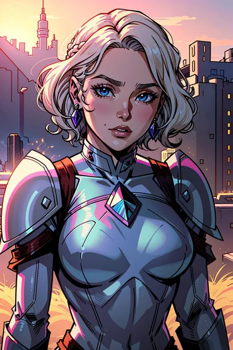 Paladin, Plate Armor, Superwoman, Short, Firm, Square Face, Tan Skin, Platinum Blonde Hair, blue Eyes, Wearing Clothes, SFW, Short Nose, Full Lips, Round Chin, Shoulder-Length Hair, Curly Hair, Sleek Bun, Small Breasts, Huggie earrings, magenta matte lipstick, A sprawling dwarven city, carved deep into the heart of a mountain
