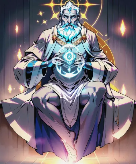 full body Illustration of the god of wisdom, glowing silver skin and mysterious face hidden by his large white beard and skin, whe wears scholar zealot legendary robes, knowledge and information atmosphere on the background, meditation pose, masterpiece, intricate, centered