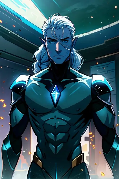 Highly detailed, centered (Upper body illustration of a (((male warrior)), strong chest, battle armor)), ((pale blue skin)), slim figure, standing at nearly 2.5 meters tall. His body is slender and graceful, with long, sinewy limbs that seem to move with a fluid, almost serpentine grace. His outfit is a marvel of intricate design and advanced technology, consisting of a sleek, form-fitting bodysuit made of a metallic material that gleams with a subtle iridescence in the light. The armor covers his entire body. The armor is adorned with a series of glowing crystal accents, which pulse with an otherworldly energy that seems to flow through the entire city. The crystals are said to be the source of the Atlanteans' power, and are the key to the advanced technology and magic that makes their society so unique. The man's pale blue face is striking and memorable, with sharp, angular features that speak of both intelligence and power. His eyes are a piercing blue-green color, and seem to sparkle with a hint of humor and mischief. His nose is long and slender, with a slightly curved bridge that gives him an aristocratic air. Her hair is long and flowing, falling in sleek, silvery strands that are pulled back into a loose, braided tail at the nape of his neck. Her ears are elongated and pointed, giving her an elfin appearance that seems to emphasize the otherworldly nature of her people.
As he stands before his people, her hands clasped behind her back in a gesture of regal authority, he exudes a sense of calm and confidence that speaks of his years of experience and leadership. he is a figure of great respect and reverence among the Atlanteans, and is known for his wisdom, compassion, and innovative thinking.). elegant, masterpiece, intricate, octane rendered.