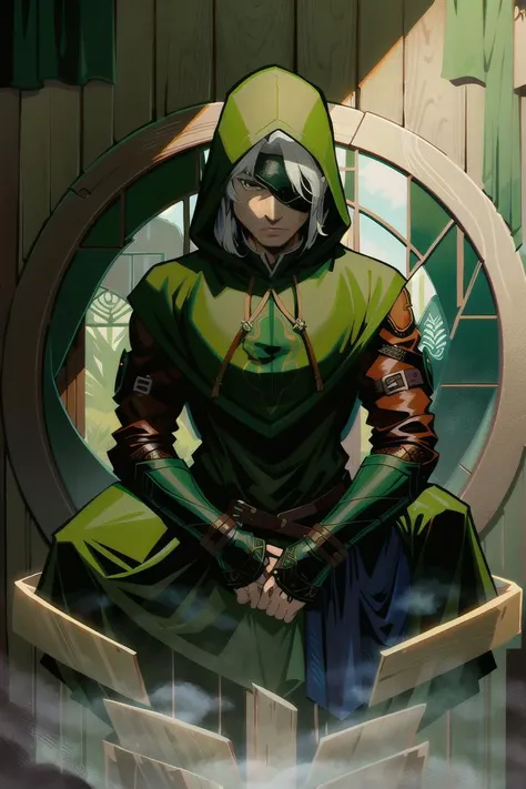 full body Illustration of a dark green hooded and cloaked mysterious male elf veteran assassin ranger, brown leather armor, long white hair, mysterious face, eye patch, masterpiece, intricate, centered