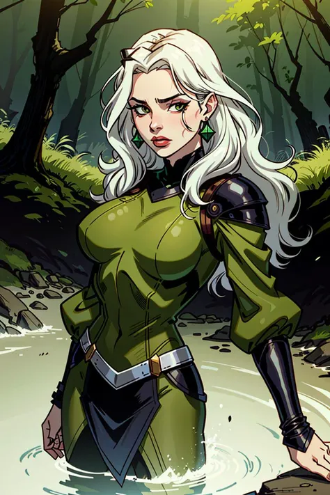 Knight, Armor, Sensation, Short, Slim, Oval Face, Olive Skin, White Hair, dark brown Eyes, Wearing Clothes, SFW,  [[Curved Nose]], Full Lips, Receding Chin, Long Hair, Wavy Hair, Braided Crown, firm breasts, Clip-on earrings, green matte lipstick, A dark, foreboding swamp, filled with twisted, gnarled trees and dangerous creatures