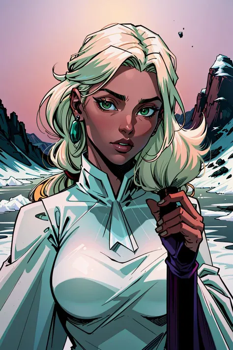 Rogue, Cloak, Dame, Tall, Athletic, Round Face, Dark Skin, Strawberry Blonde Hair, green Eyes, Wearing Clothes, SFW, Wide Nose, Thin Lips, Receding Chin, Shoulder-Length Hair, Fine Hair, Formal Updo, soft breasts, Stud earrings, grape velvet lipstick, A frozen tundra, with icy peaks and frozen lakes stretching as far as the eye can see