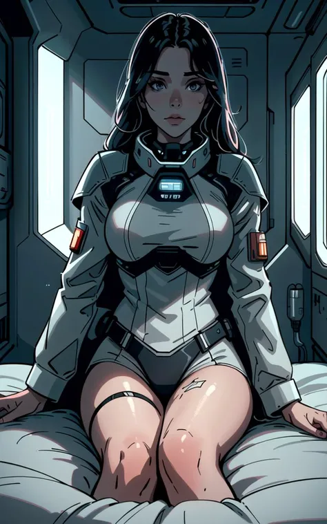 close-up Photograph; junior officer girl self pleasure on bed in her sleeping quarters, light darken in a generation spaceship. Dark science fiction hyperrealistic ominous 8k 18+ beautiful High resolution