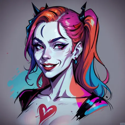 masterpiece, best quality, inked, splash art, evil smile, 1woman, beautiful portrait of harley quinn, ArtStation, red magenta blue hue, half body, simple background, absurdres, aesthetic, artistic