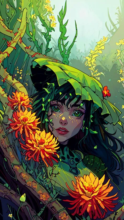 ((human/plant hybrid))), ((best quality)),((masterpiece)), ((realistic)), (detailed), photorealism:1:1, hyper-realistic, 4k, hdr, luscious lips, (cinematic, hyperdetailed, (((plant creature))), (((tentacles))), stalks, (((flower buds))), thorns, cyborg, futuristic robot, battle angel, hard lighting, beauty, vibrant colors, moss, green skin,rich vegetation)1, absurdres, _stardeaf-greenmageddon_<lora:seeThroughSwimsuitAnd_seeThroughSwimsuitV1:1.0>