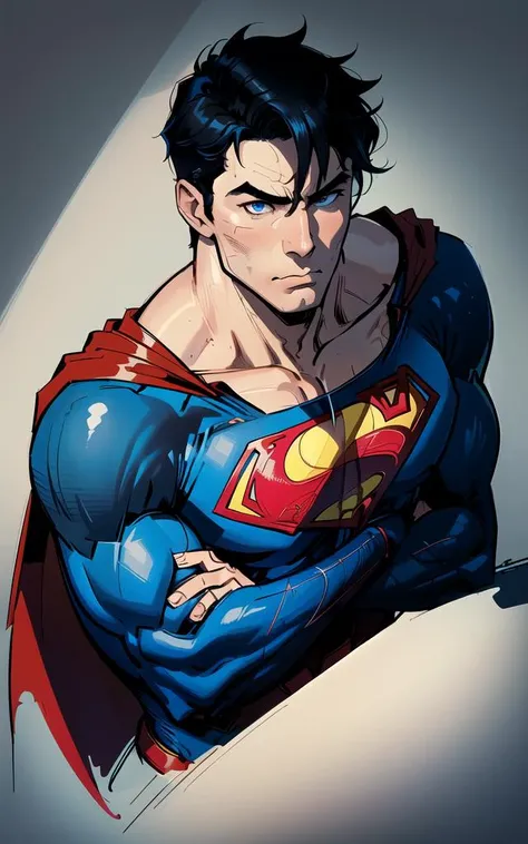 jim lee, 1boy, superman abs, bara, black hair, blue bodysuit, blue eyes, bodysuit, cape, closed mouth, crossed arms, large pectorals, male focus, muscular, muscular male, pectoral lift, pectorals, red cape, short hair, simple background, solo, superhero, upper body, flat style