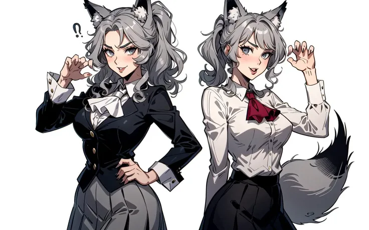 2girls, claw pose, grey hair, grey eyes, :p-, curly hair, ponytail+++, fox ears, skirt++, ascot+++, park