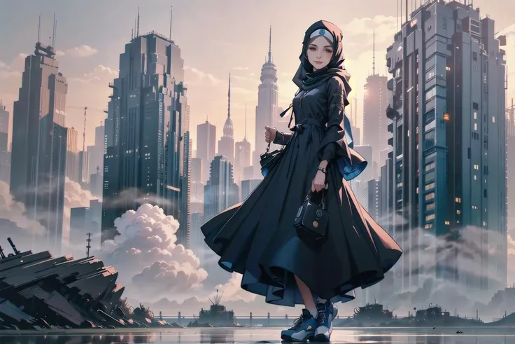 best quality, masterpiece, full body, Birds Eye View Angle camera, extreme high angle camera, extreme perspective view angle camera, a young beautiful woman wearing a hijab and abaya dress holding a laptop, a realistic face, a long loose skirt, smiling, happy expression, lift arms, floating body, Depth of field, a beautiful face, high detail, 1girl with a laptop, solo, brown eyes, slim body, covering hair with a hijab, long shot view, realistic body proportion, perfect body anatomy, cinematic lighting, cinematic view, dramatic lighting, full body shot, intricate, 2D illustration, The artwork should be centered, futuristic shoes, digital illustration, nice finger pose, futuristic city background, vivid color, <lora:mix4:0.5> <lora:circle-glasses_v1.1:0.7>