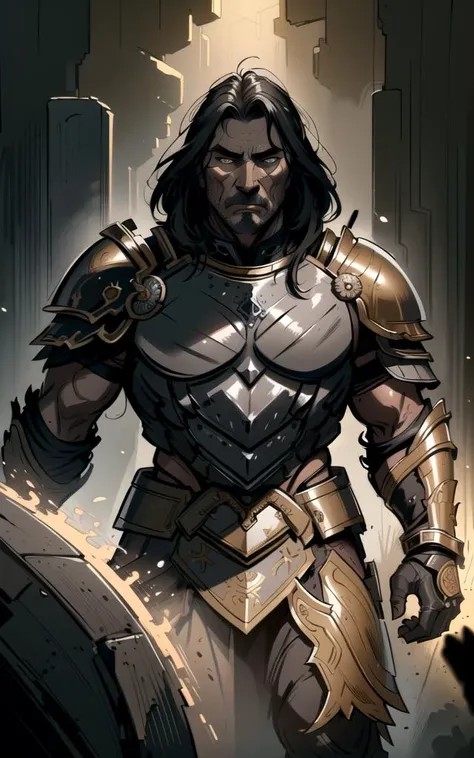 (Painting:1.3) of (Detailed illustration:1.3), fantastic comic book style, photorealistic, intense look, anatomical photorealistic digital painting portrait of a (old male:1.3) human (warrior:1.3) in black and gold intricate (heavy armor:1.3) in a (dark and moody universe:1.3), light particle, very detailed skin,samurai, very detailed eyes, (elden ring style:1.3), (warhammer style:1.1), concept artist, global illumination, depth of field, splash art, art by artgerm and greg rutkowski and viktoria gavrilenko