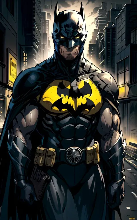 dark knight cover art of batman in gotham city, midnight, yellow light, toned muscle, batman mask, full black outfit, black cape, medium shot, upper body, sharp focus, 8k, inked, perspective