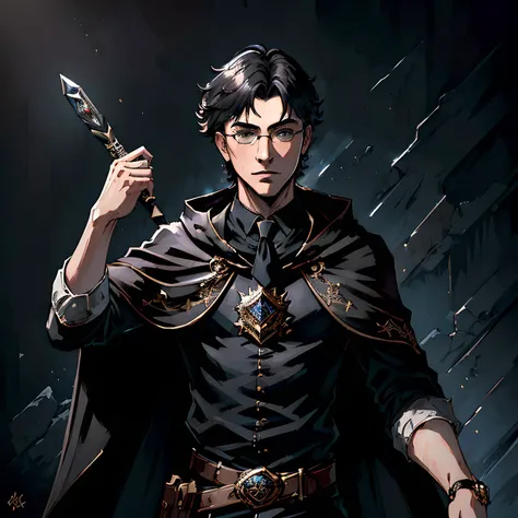 (masterpiece,detailed,highres:1.4) , cowboy shot,dynamic pose,detailed face, detailed eyes,
harry potter,male 15 yo,black short hair,glasses,magic wand,black cloak,magic background,
vibrant colors, hdr,