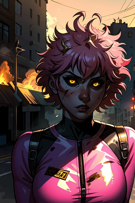 1girl, full height, ashido mina, pink metal bodysuit, pink skin, yellow eyes, black sclera, (teenager:0.9), walking, (fire:0.6), (blood on face:0.8), burning city background, by jim lee, (masterpiece:1.4), detailed face, (lens flare:0.5), (day:1), (highlights:0.5), (realistic:1.2), ray_tracing, insane details, <lora:minaAshidoLora_v2:0.9>