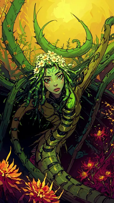 Medusa, hand drawn sketch, pen and ink line illustration, candid, double exposure, silhouette, optical illusion,((art style "Sean Gordon Murphy" comic drawing, splash panel)), nyctophobia, craftsmanship nuance, full body portrait, (background, pine barrens, entropy, rewilding, magic hour sunset with galaxy stars, cosmos), comics of the 1990's, harsh ink lines, expressive ink techniques, distinctive line work, precise harsh strokes, dynamic expressive linework full body portrait, (body, Naga, snakefolk, lower body snake tail, snake woman hybrid, bald, hairless, skeleton, body drawn in Frederic Delavier musculature anatomical illustration art style, (horror, abstract, surreal, body, cosmic), ((colors, forest green to earth brown, merge bleak muted deep fiery radiant glowing ROYGBIV)), snake skin tattoos, piercing eyes, snake pupils), (face, ornate black metal corpse paint, resembles Grace Jones), snake skin dress, subliminal orchids, , (art style Gerardo Zaffino charcoal), unfinished,