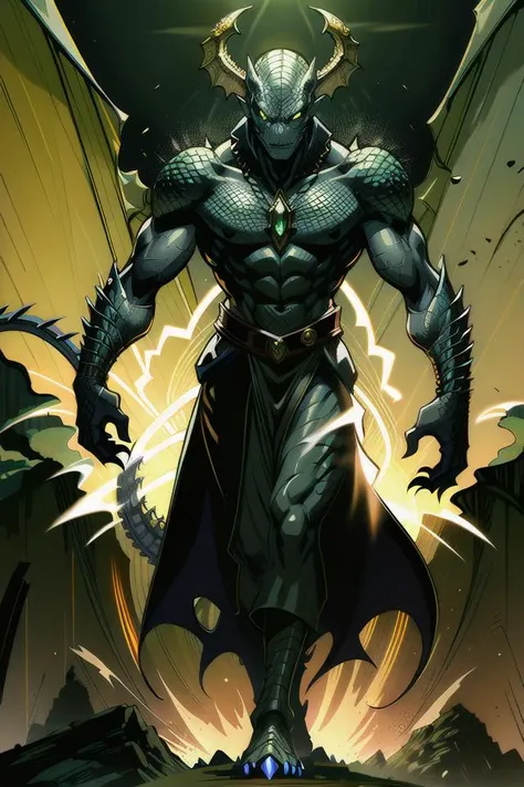 Full body illustration of a slim lizardman humanoid with dragon head who looks like a sage, dragon facial features, golden scales and skin, intricate black robes and silver and emerald jewelry, night, dark atmosphere, medieval village on fire on the background. masterpiece, artstation, best quality, centered, masculine,