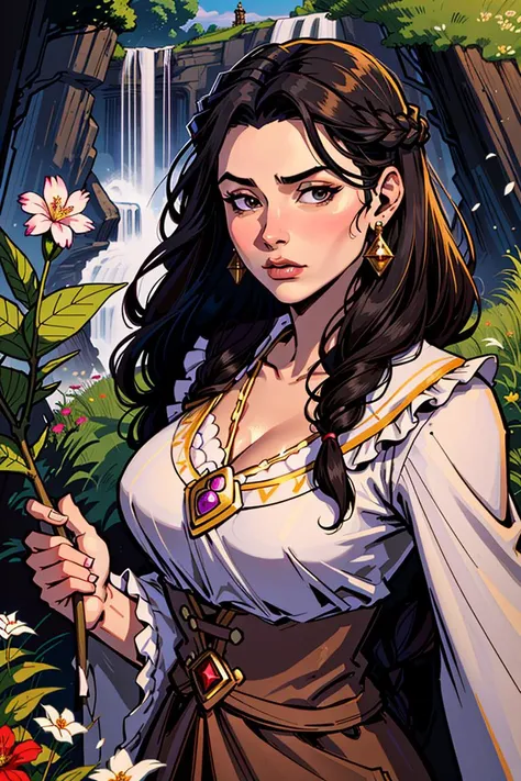 Bard, Robes, Babe, Average Height, Lean, Square Face, Fair Skin, Black Hair, black Eyes, Wearing Clothes, SFW, Narrow Nose, Pouty Lips, Round Chin, Long Hair, Fine Hair, Waterfall Braid, firm breasts, Threader earrings, brown metallic lipstick, An enchanted meadow, with colorful flowers and magical creatures roaming free
