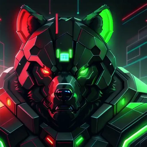 a portrait of an epic looking bear made of green light and data and circuitry, red glowing eyes
