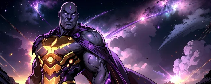 man, male focus, stunning angry Thanos, bald, purple cape, nebula space background, volumetric light, upper body, muscle, muscular, fantasy, dynamic angle, dynamic pose
